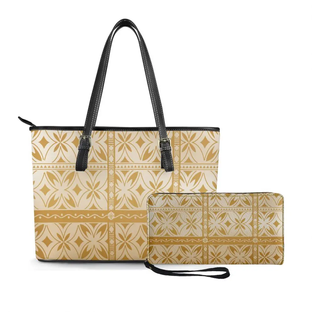 Print On Demand Polynesian Tribal Samoa Yellow Tapa Print Custom Pocketbooks Shoulder Handbags Purse and Wallet Set