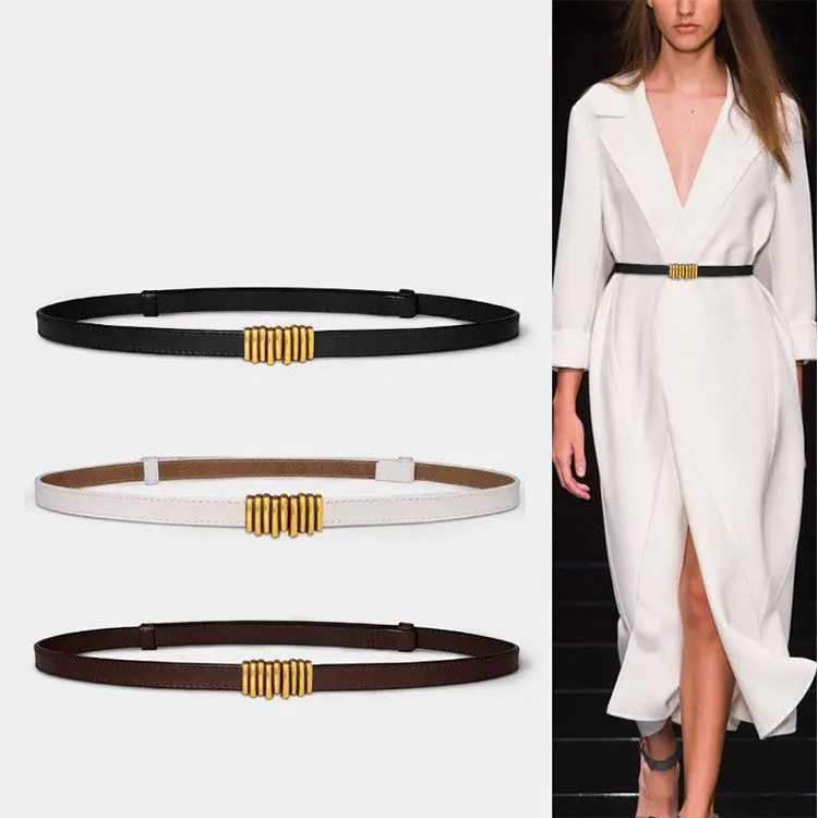 Female Thin Genuine Leather Ladies Belts 1.4cm-1.8cm Women Waist Belts Strap Alloy Gold Buckle Women Ceinture