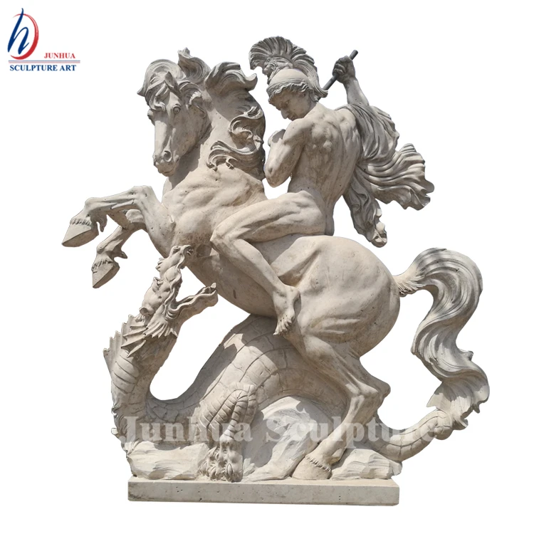 Life Size Natural Travertine Stone Marble Saint George Statue Fighting with Dragon Sculpture