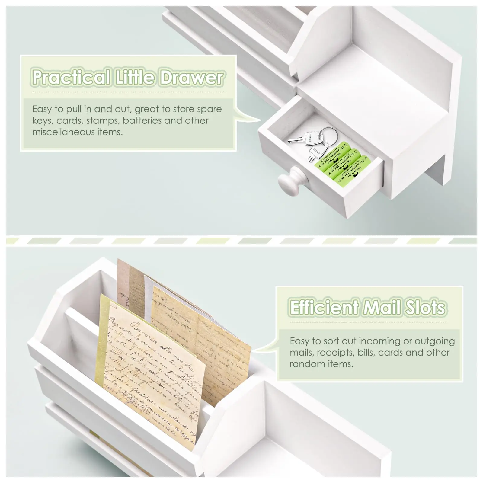 Key Holder Wall Mount Wooden Key Mail Holder with Drawer Key Organizer Mail Sorter with 6 Key Hooks Key Rack with Shelf