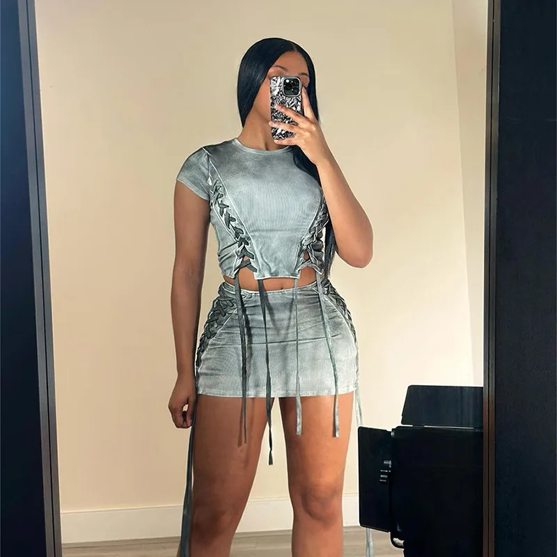 X14226C women Tie Dye Lace Up Crop T-shirt With Bodycon Skirt Set