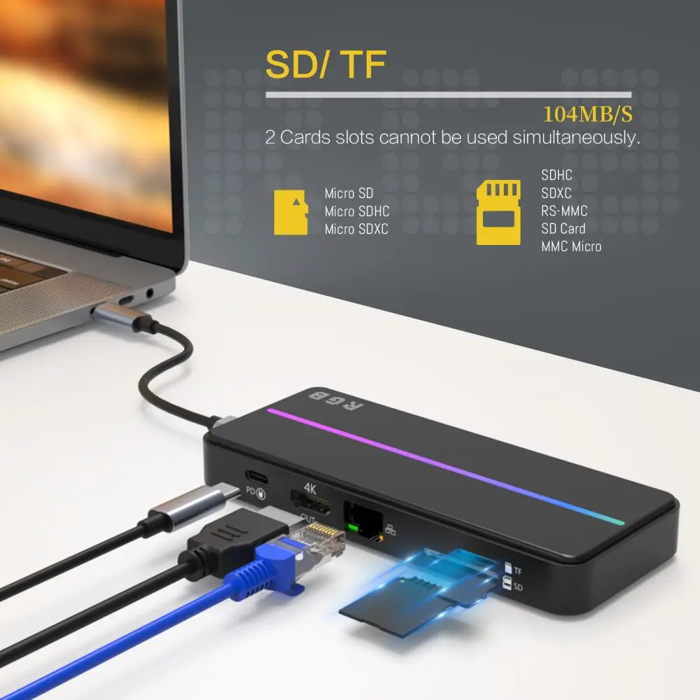 8 ports USB3.1 HDMI PD RJ45 SD TF Docking Station with RGB Type C USB C Dock