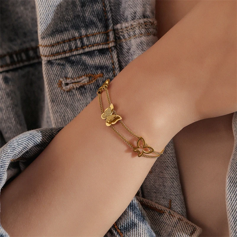 New fashion 316 titanium steel 18K Gold Plated non fading Bracelet female hollow double-layer Butterfly Bracelet