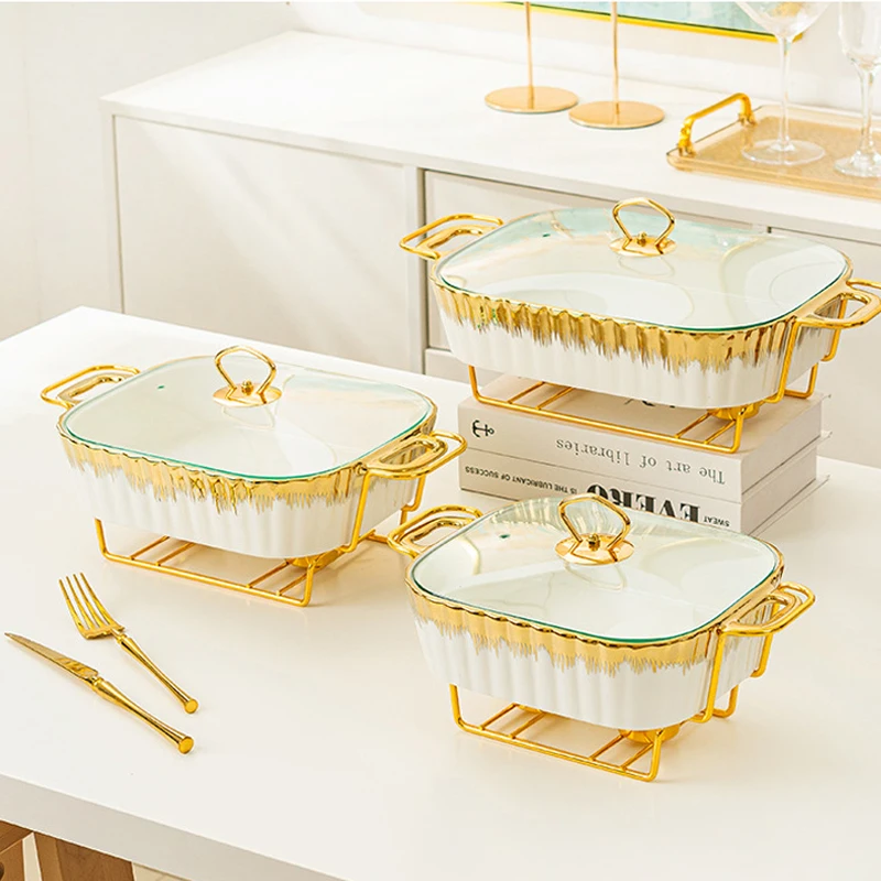Hotel Equipment Catering Rectangle Shape European Luxury Set Ceramic Dry Pot Food Warmer Set