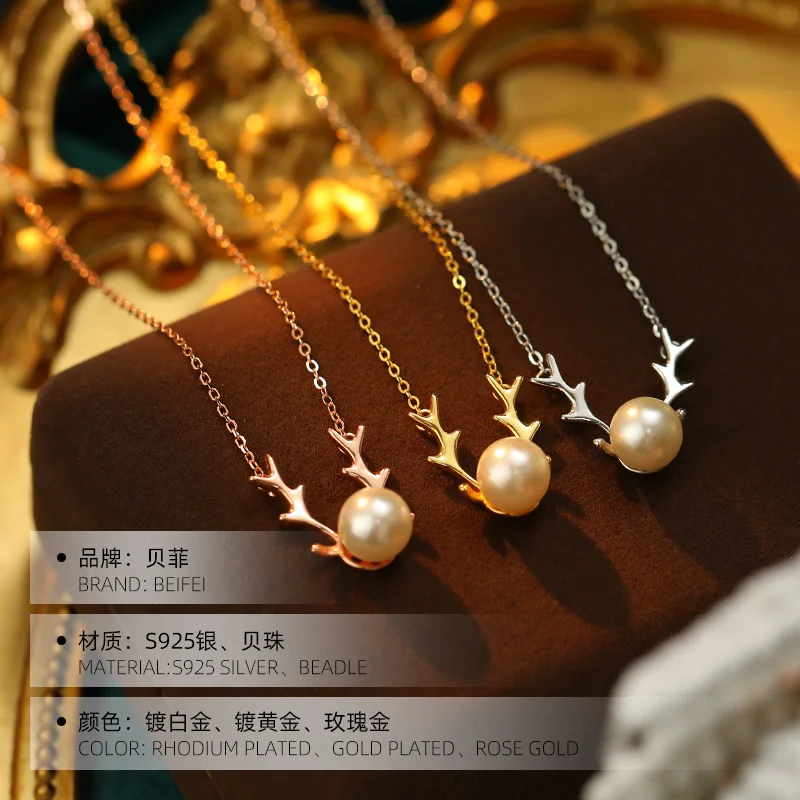 Christmas 925 Sterling Silver Fine Jewelry Pearl Antler Pendant Necklace Jewelry for Women