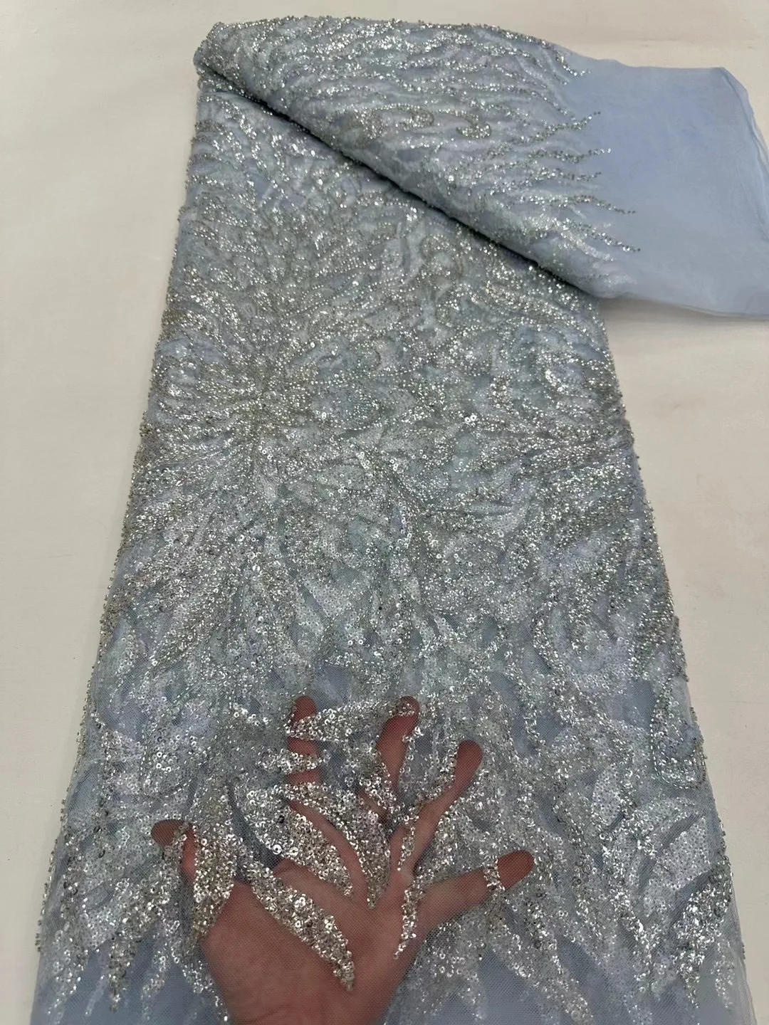 NI.AI Luxury Leaf-Shaped Beaded Net Lace High Quality Embroidered Sequins Lace Fabric with Pearls for Wedding Dress Materials