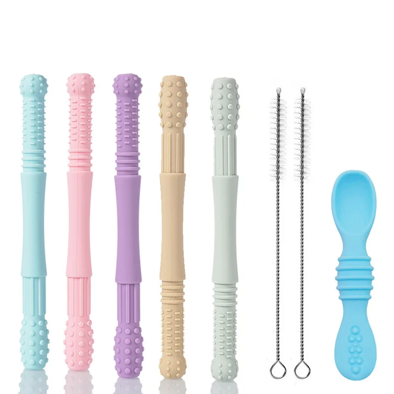 Baby Hollow Teething Tubes Food Grade Silicone Straw Reusable Soft Sensory Silicone Toy