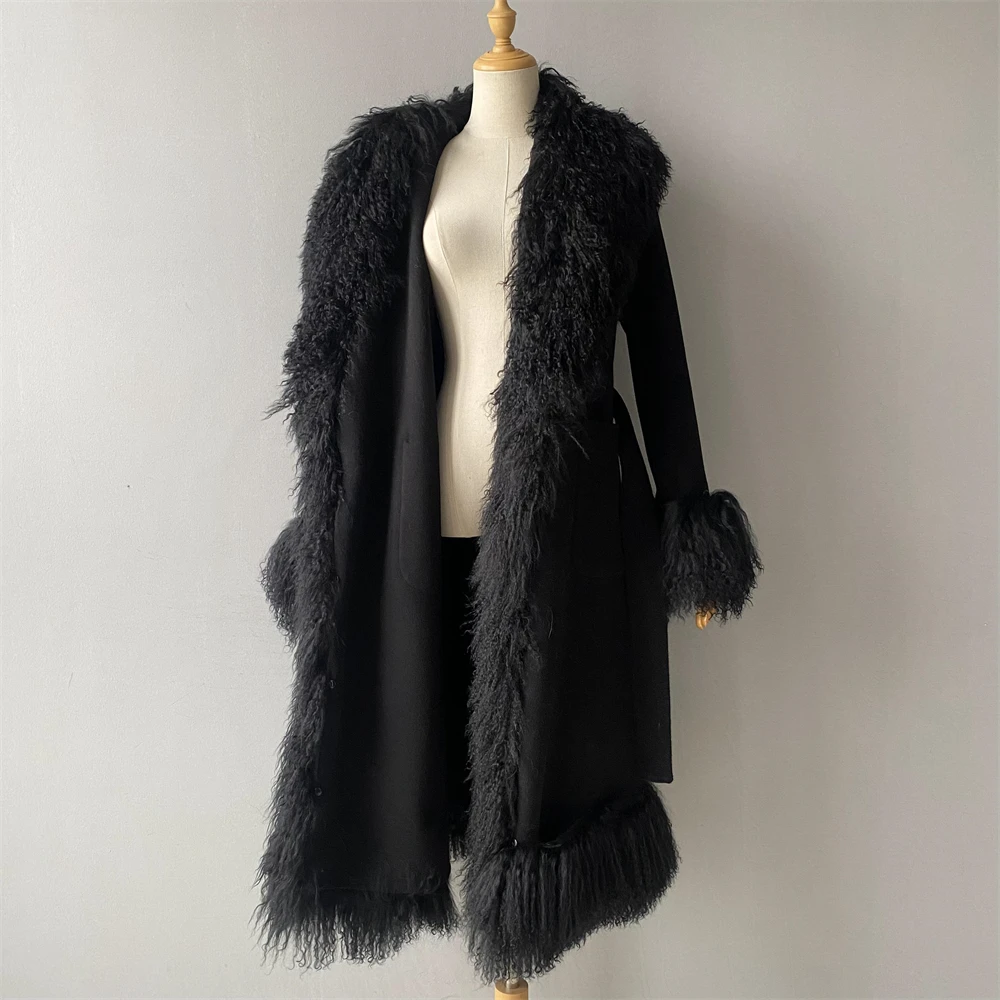 Wholesale Slim Trench Coat Long Style Luxury Real Mongolian Lamb Fur Collar Cuffs Winter Custom Logo Women Wool Solid Color Coat