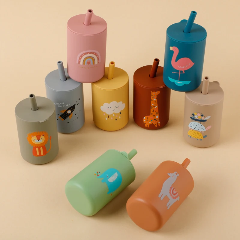 Детская мягкая чашка для воды с рисунком животного, без БФА, силиконовая тренировочная чашка с крышкой