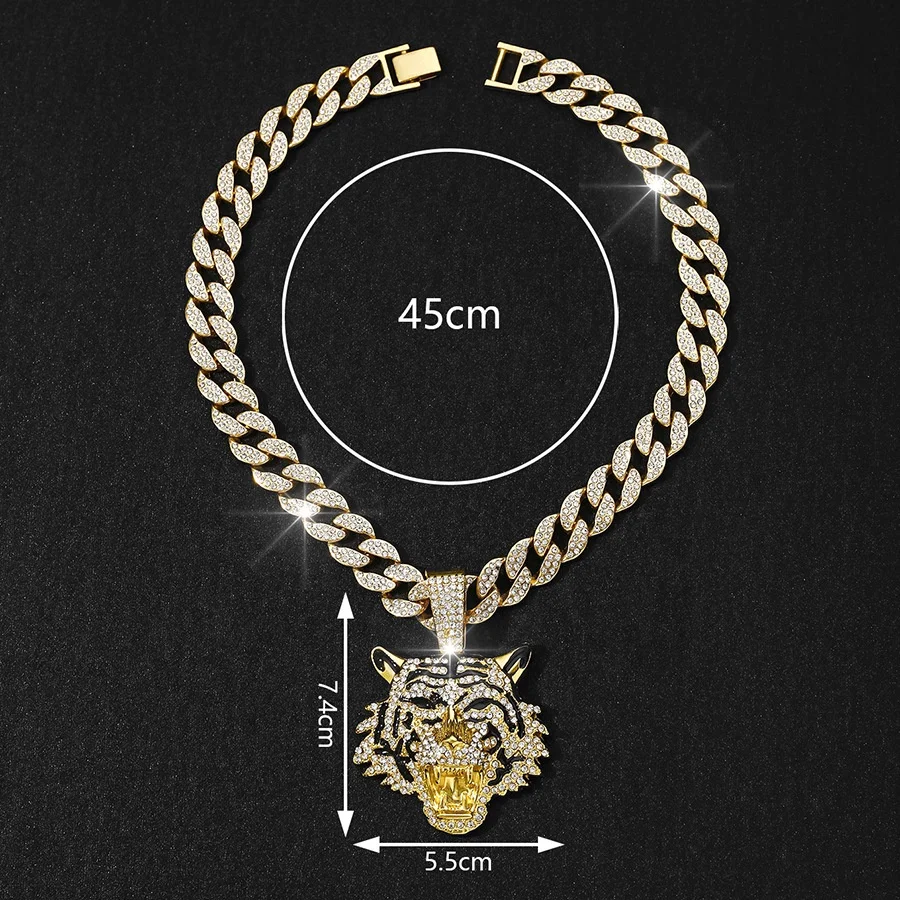 Iced out hip hop 15MM big miami cuban chain with alloy and bling rhinestone tiger head pendant necklace