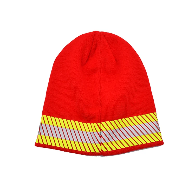 Wholesale Custom Reflective Striped Thinsulate Lined High Visibility Fluorescent Safety Knit Red Beanie Hat Cap