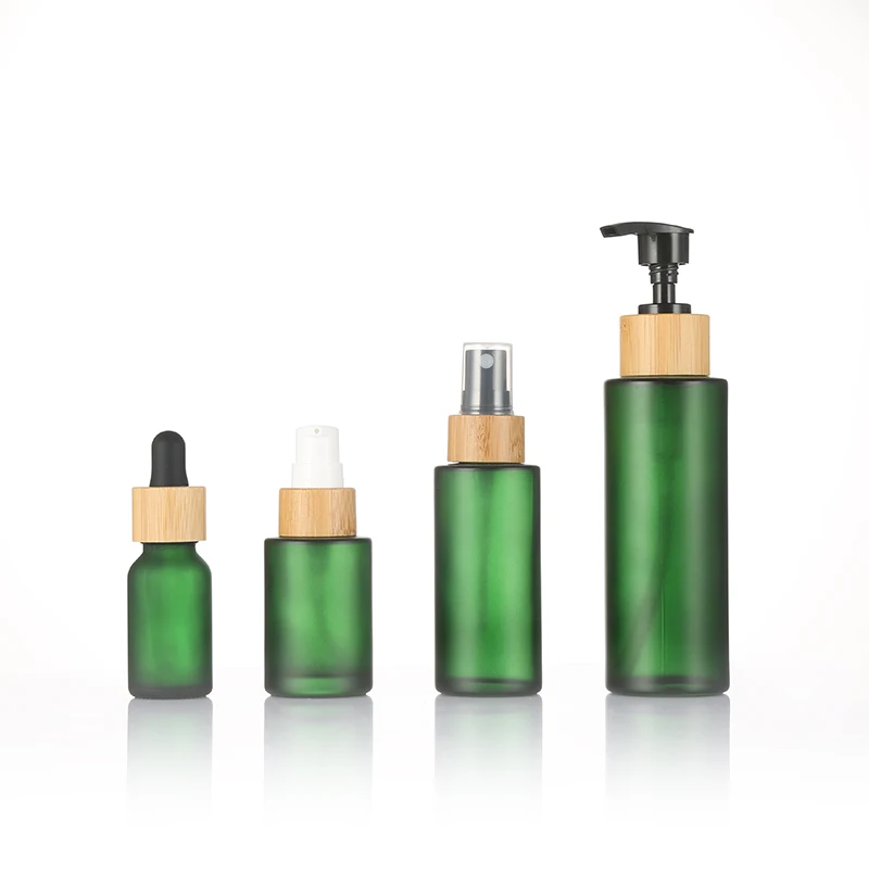 Empty sets clear frosted glass cream jars bamboo wooden lid glass bottle for cosmetic packaging