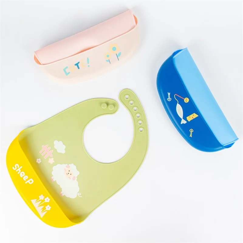 Baby Silicone Bib With Print Baby Eating Bib Children Waterproof Cartoon Adjustable Disposable Baby Feeding Bibs Food Pocket