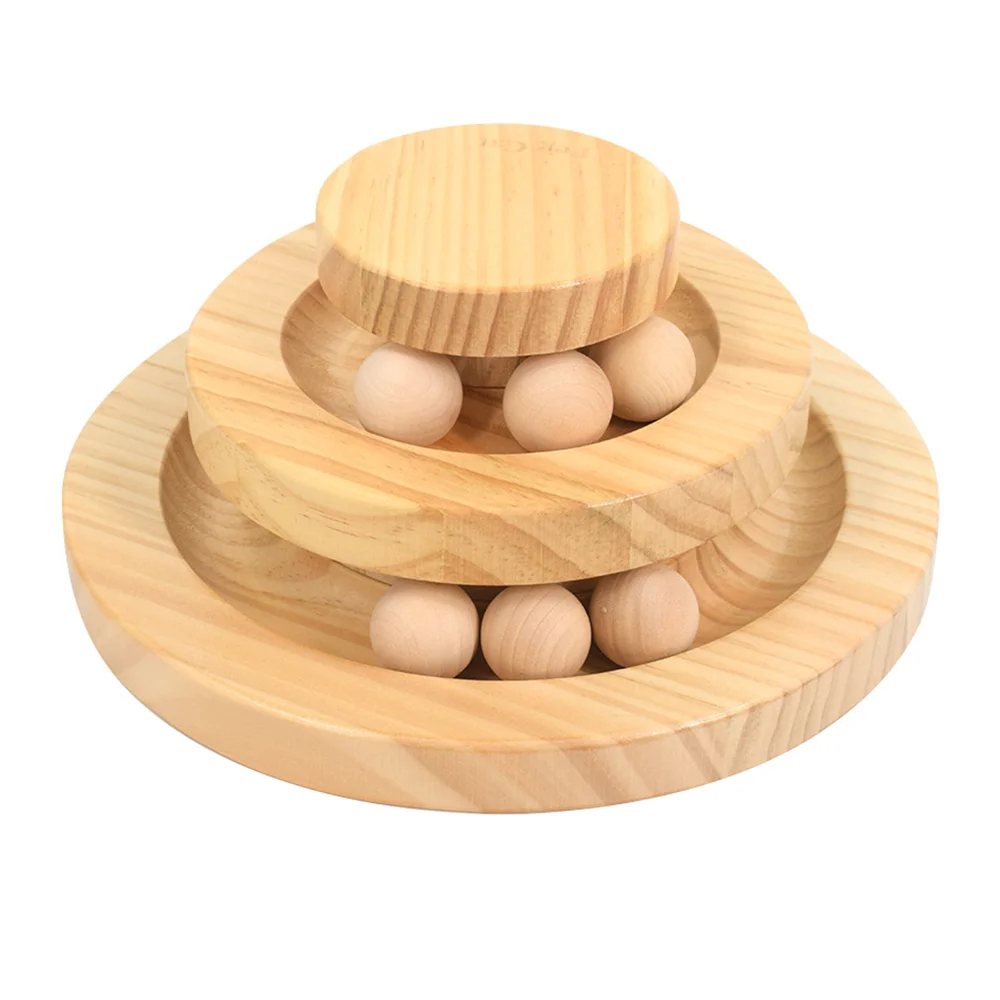 Wooden Double Layer Circular Tower Rolling Interactive Cat Toy Chasing Turntable Ball Track Funny Roller