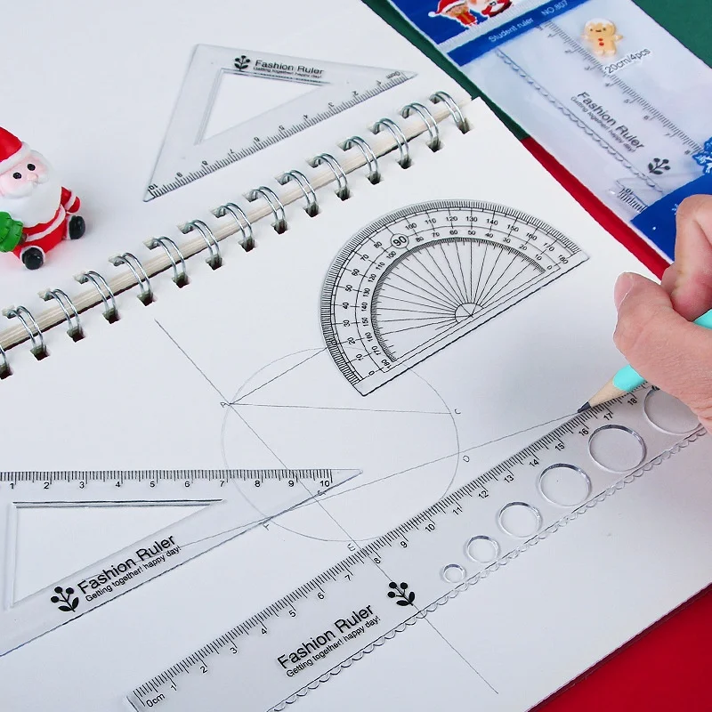 Cartoon Christmas Series Ruler Set Student Stationery Plastic Drawing Ruler Exam Four Piece Set For School