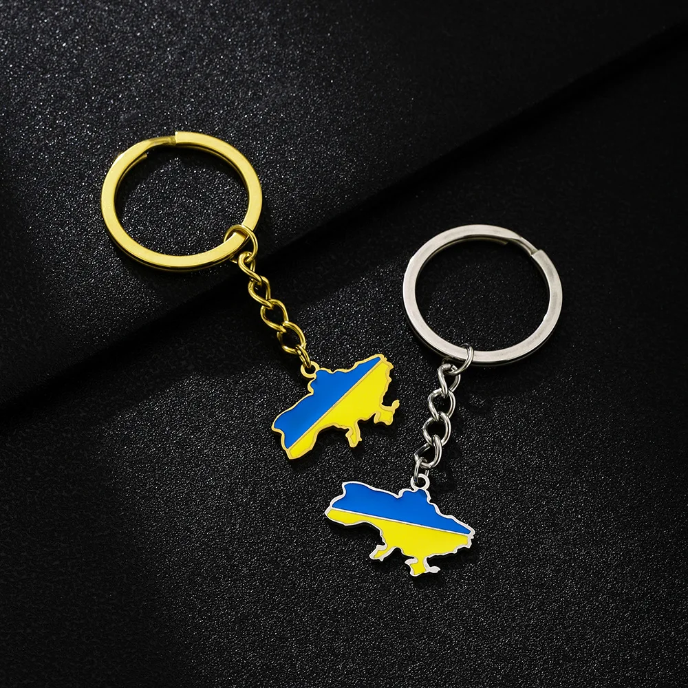 Заводская нержавеющая сталь эмаль Украинская карта страны флаг брелок 18 карат позолоченный эмалированный Украины подвесная цепочка для ключей