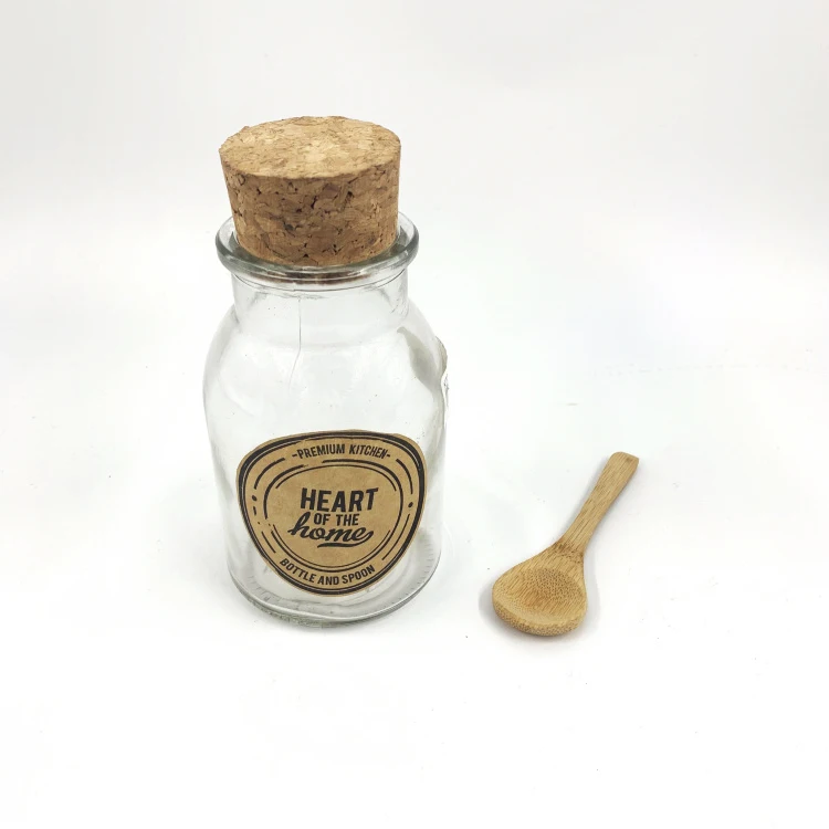 China Manufacturer Supply Round Glass Honey Bottle/jar Storage Jam Sauce Canned Pickle Glass Jar With Cork Lids And Spoon