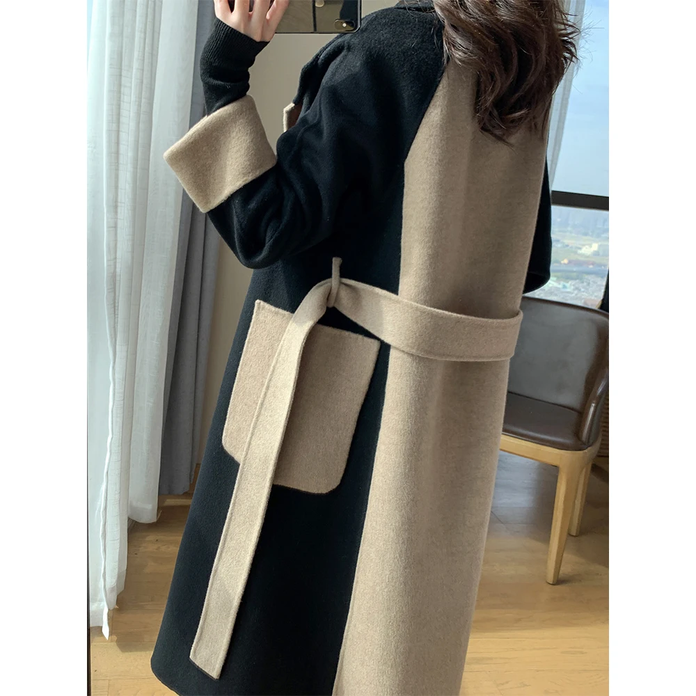 Winter Mid-Long Women Elegant Notched Collar Wool Blend Overcoat Double Breasted Pea Coat Trench Coat with Belt