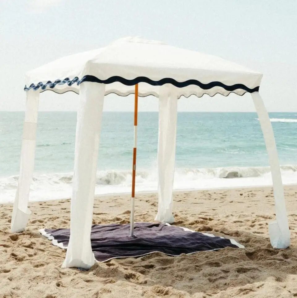 BR Custom Wholesale Outdoor UV50+ Luxury Wood Pole Beach Cabana Tent with Fringe Tassels, 6ft Premium Canvas Sun Shade Umbrella
