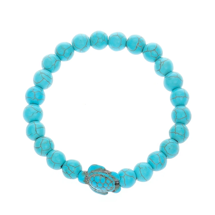 QW-127 Turtle Bird Eye Round Cross Owl Pendant Hand Jewelry Metallic Alloy Metal Elastic Ethnic Green Turquoise Beads Bracelet