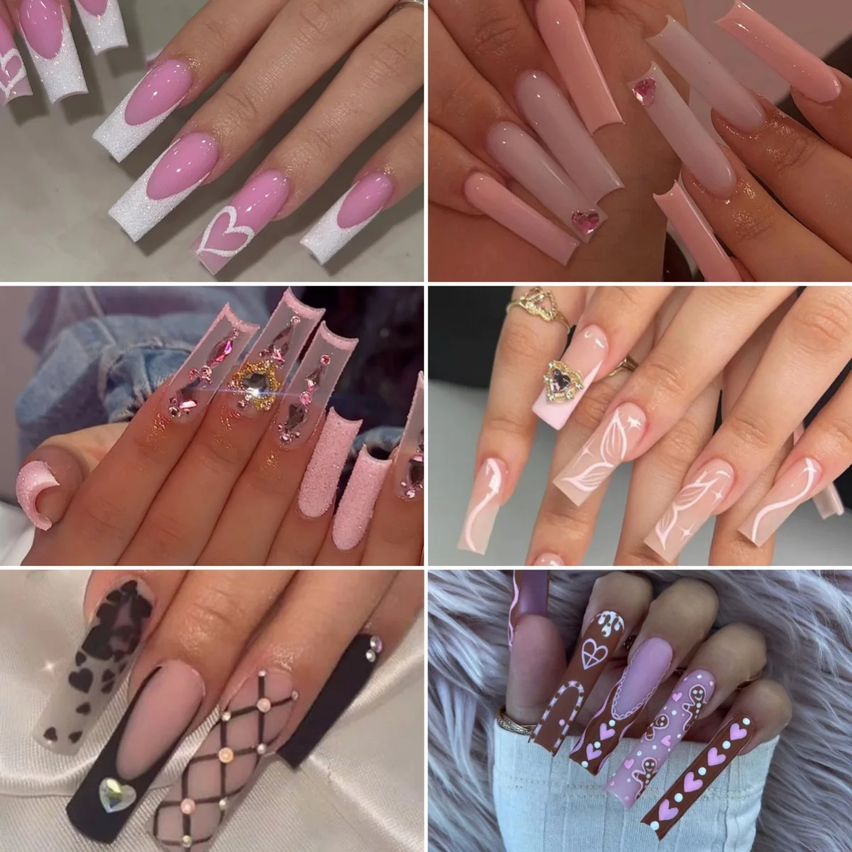 JY luxury Pink Heart French Tip Press on Nails Long Coffin 3D Rhinestones Full Cover Acrylic Fake Nails