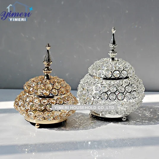 OEM ODM Luxury Vintage Round Mirror Metal Crystal Beaded Gold Trinket Boxes For Wedding Favor
