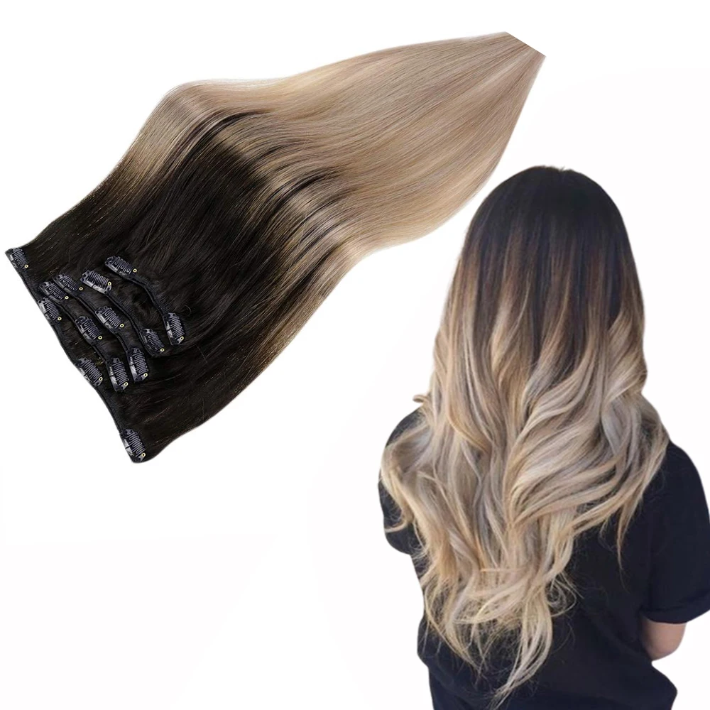 Full Shine Hot Sale Real Human Hair Black Balayage Ash Blonde  #1b/18 Double Weft Clip in Human Hair Extensions