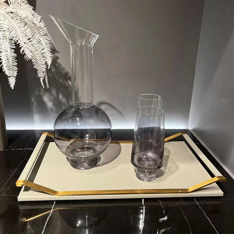 Wholesale Factory Handmade storage trays Brushed Brass rolling tray Modern Hotel Restaurant Leather Tea Coffee serving trays