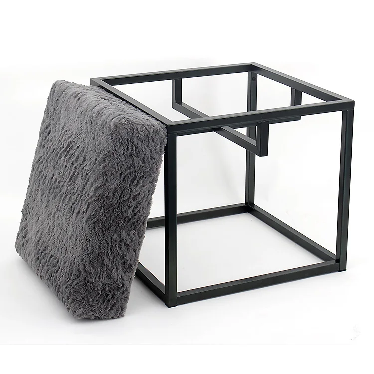 new design modern grey faux fur square footrest ottoman stool with metal frame legs