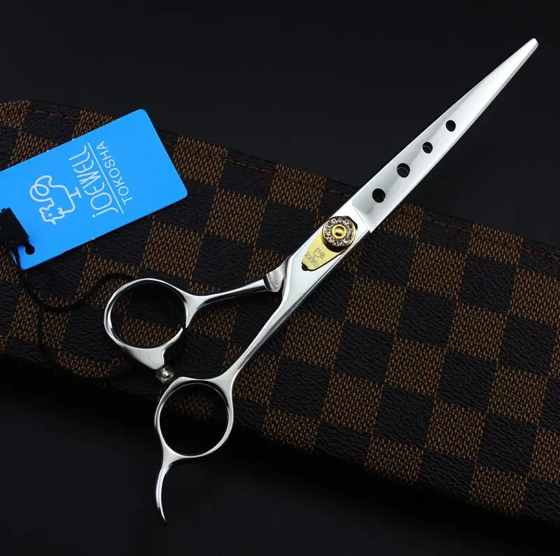 free shipping JOEWELL 7.0 inch 440C stainless steel hair cutting  scissors with hole on hand with leather case