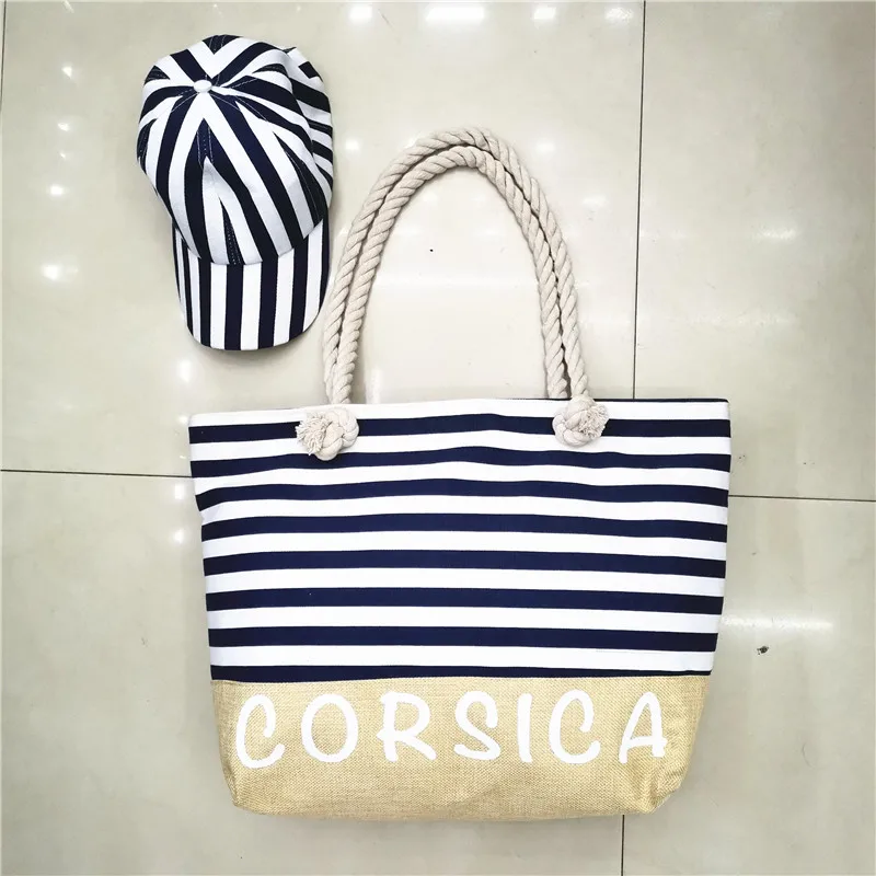 
2020 new arrivals fashionable women blue and white striped canvas bag ladies hat and bag set 