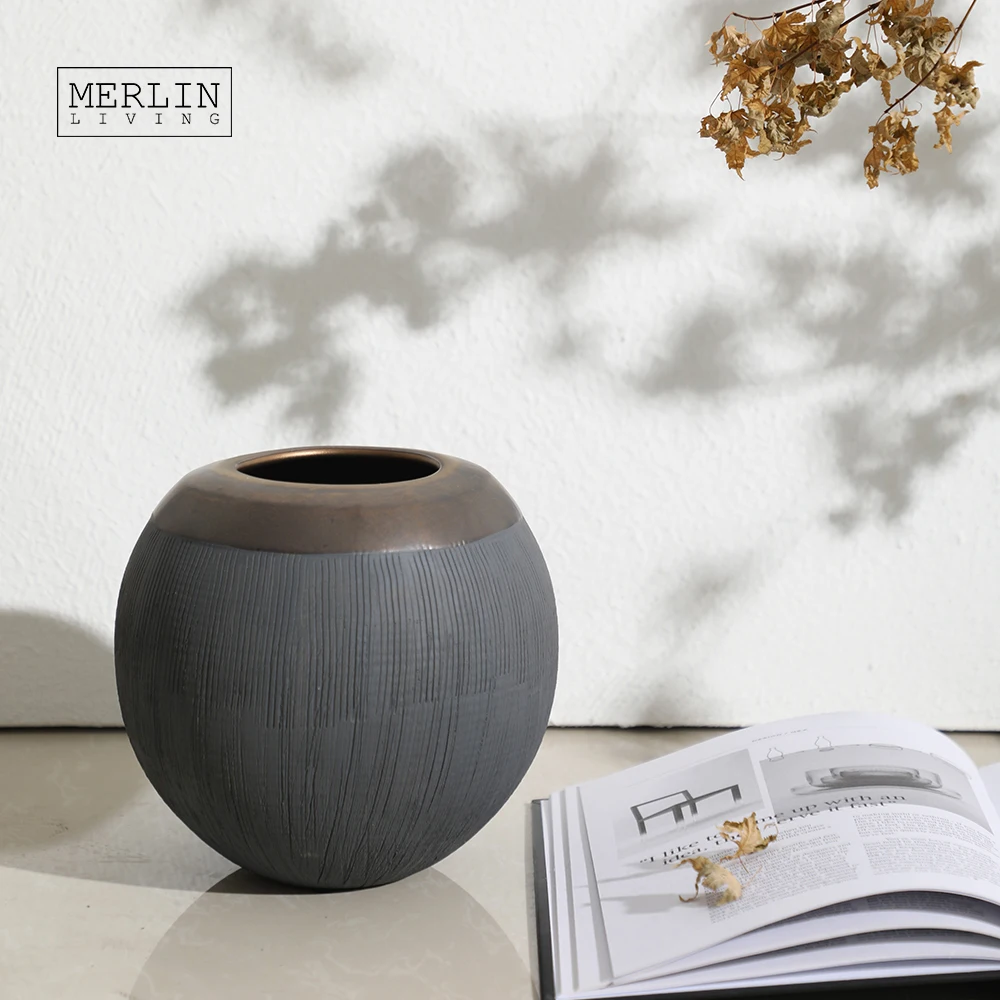 Merlin Living vintage metal copper glazed plating pottery vase fluted geometric spherical round home decor for ceramic vase