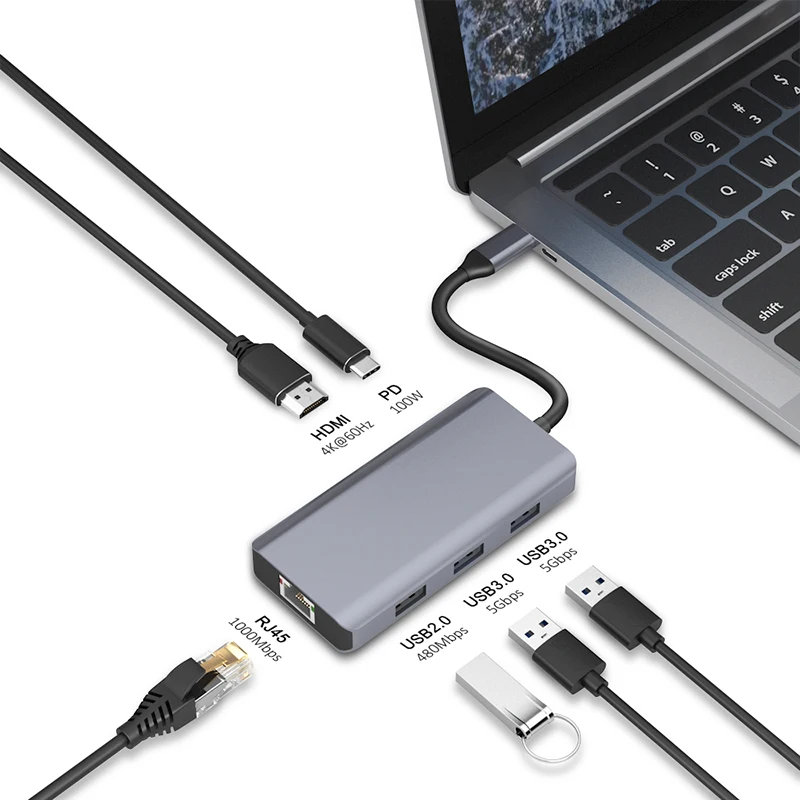 USB C Hub Multiport Adapter 6-in-1 USB-C Hub with 4K@60Hz HD-MI 1Gbps Ethernet 100W PD SD/TF Card Reader USB 3.0 Ports Dock