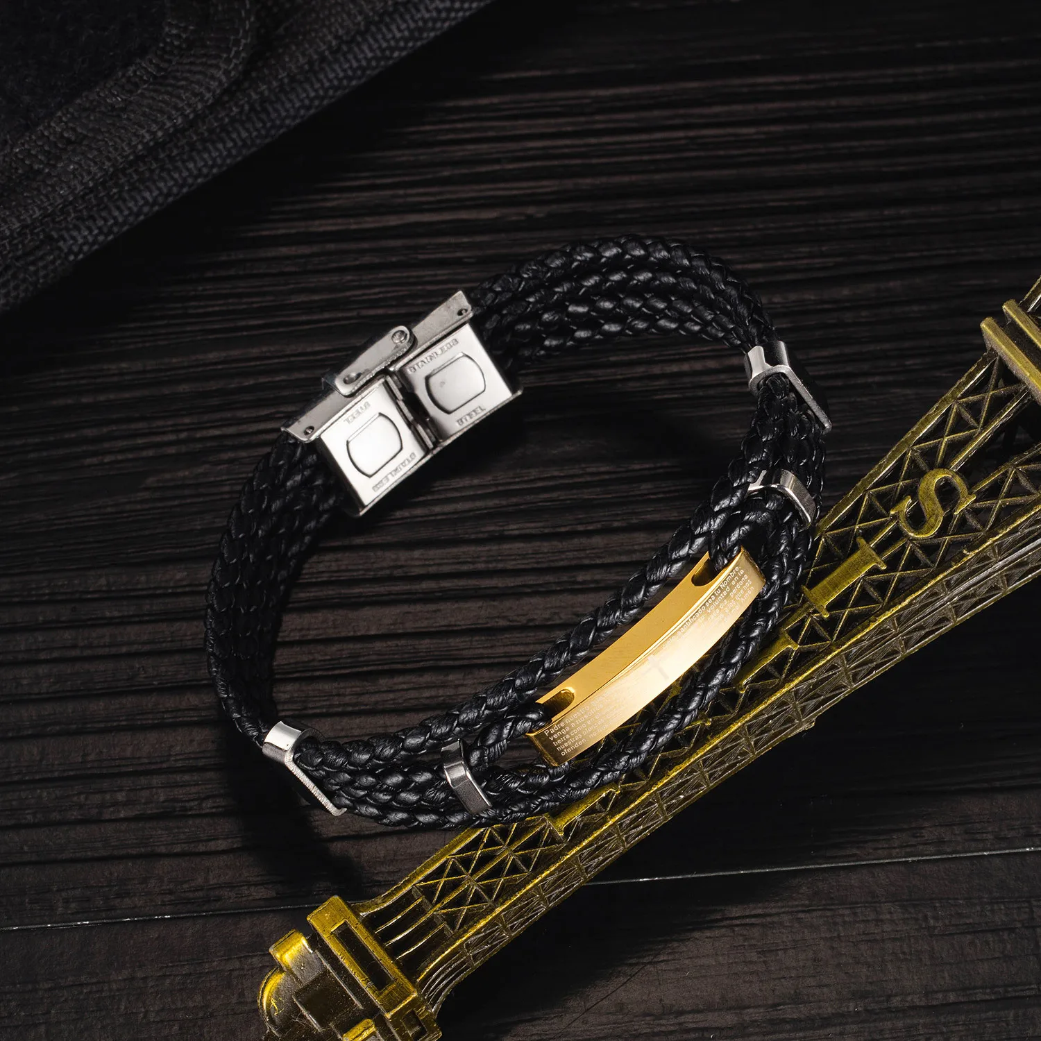 
Punk Rock Style Black Leather High Polished Stainless Clasp Male Bracelet Multi Layers Christian Cross Braided Bracelet For Men 