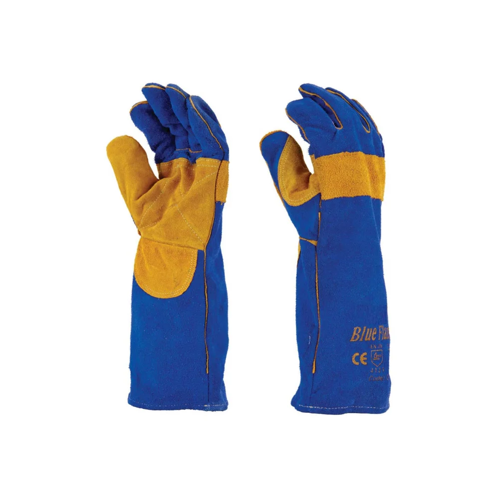 Blue Color Electric Kevlar 24 Inchindustrial Work Welding Gloves Reinforce Adjustable 3 Fingers Leather Pakistan