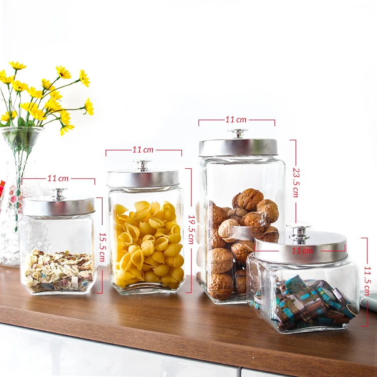 
Clear empty square airtight candy food jam kitchen storage glass jars and bottles with metal lid 