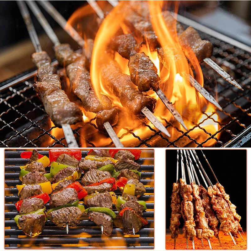 Stainless Steel Metal Flat BBQ Grill Kebab Skewers Shish Kabob Grill Skewers with Portable Metal Storage Tube