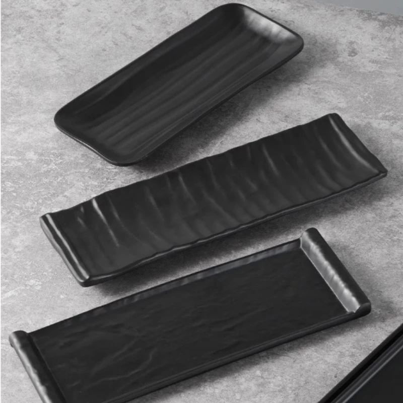 Wholesale Custom Unbreakable Rectangle Japanese Matte Black Melamine Sushi Plate For Restaurant