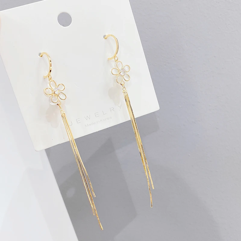 ED87284 classic design fashion gold plated women jewelry opal zircon petal long tassel drop fringe earrings