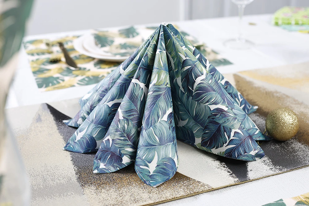 Eco-Friendly Food Grade 3-Ply Disposable Paper Napkin Unbleached with Green Leaf Print for Lunch and Dinner-by Manufacturers