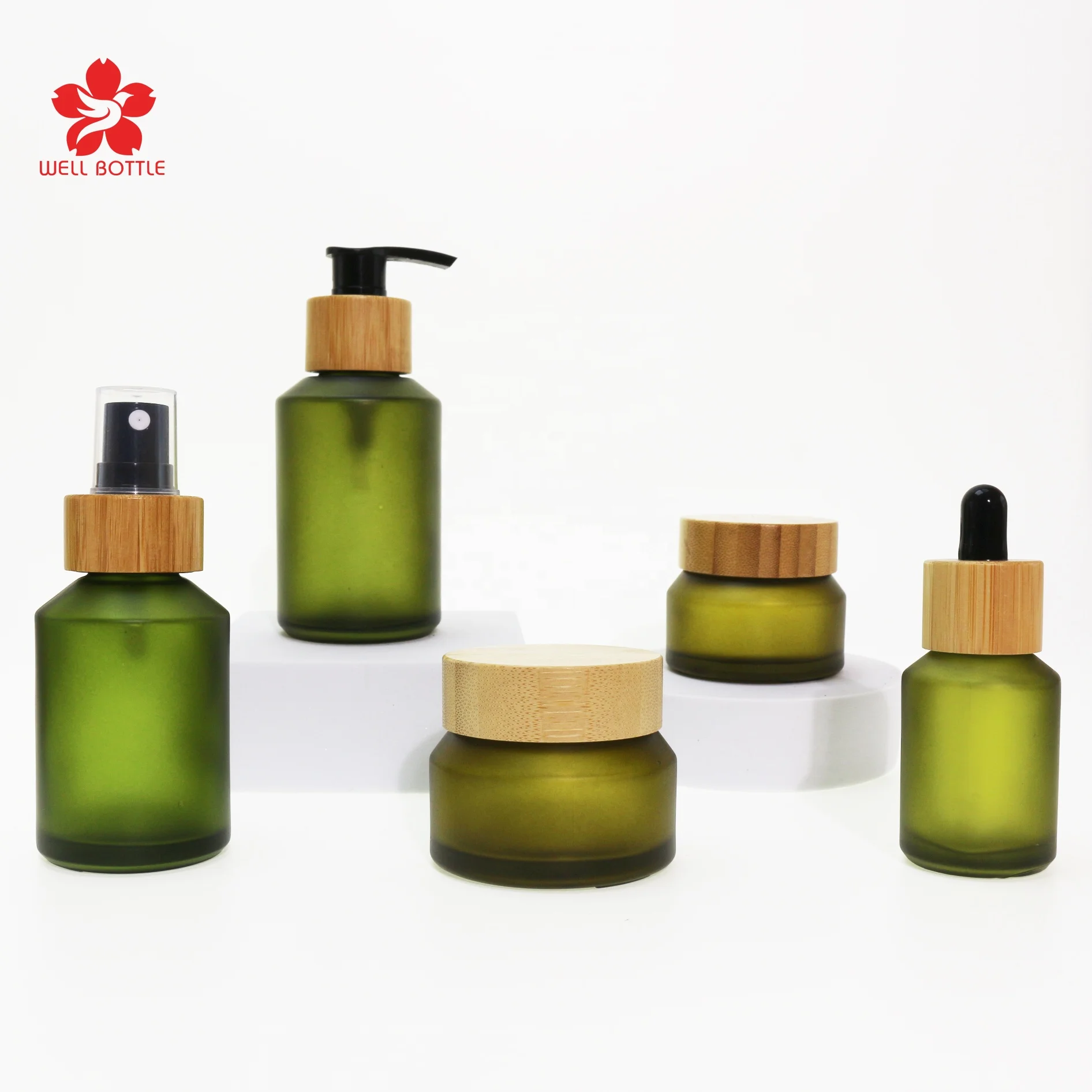 luxury bamboo cosmetic packaging skin care set frosted green glass pump lotion oil bottle GB-555B