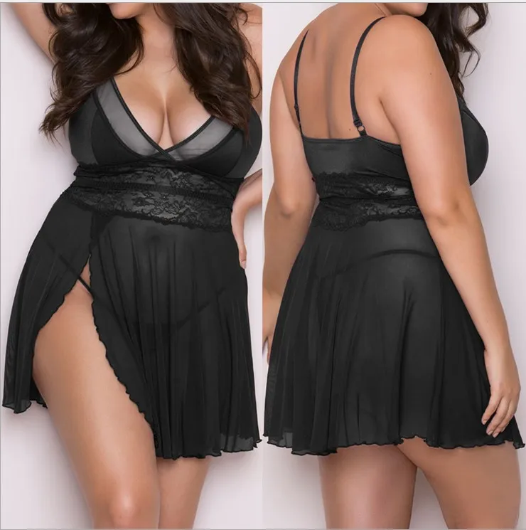 New plus-size erotic lingerie sexy sheer mesh split slip dress comfortable breathable lingerie