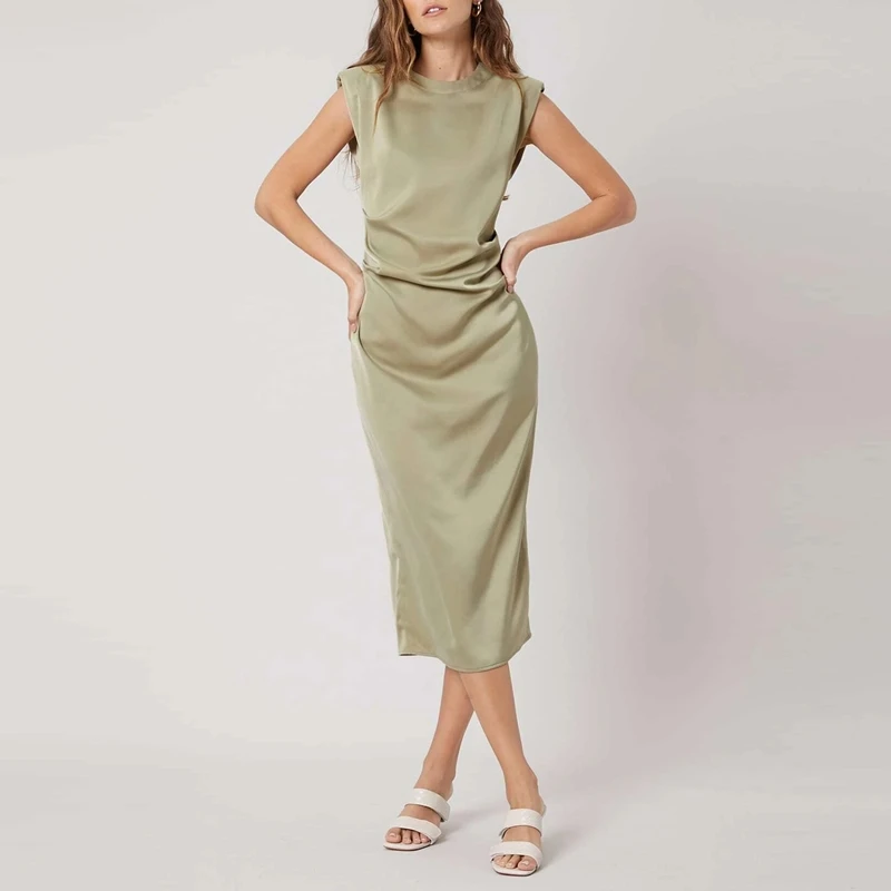 Elegant High Quality Solid Color Latest Round Neck Sleeveless Satin Formal Dresses Women Office Ladies Dress