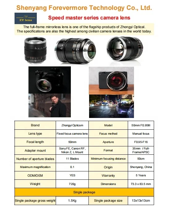 Third version of 50mmF0.95 Full frame Prime Portrait lens compatible with SonyE CanonRF NikonZ ZhongYi Optics flagship product