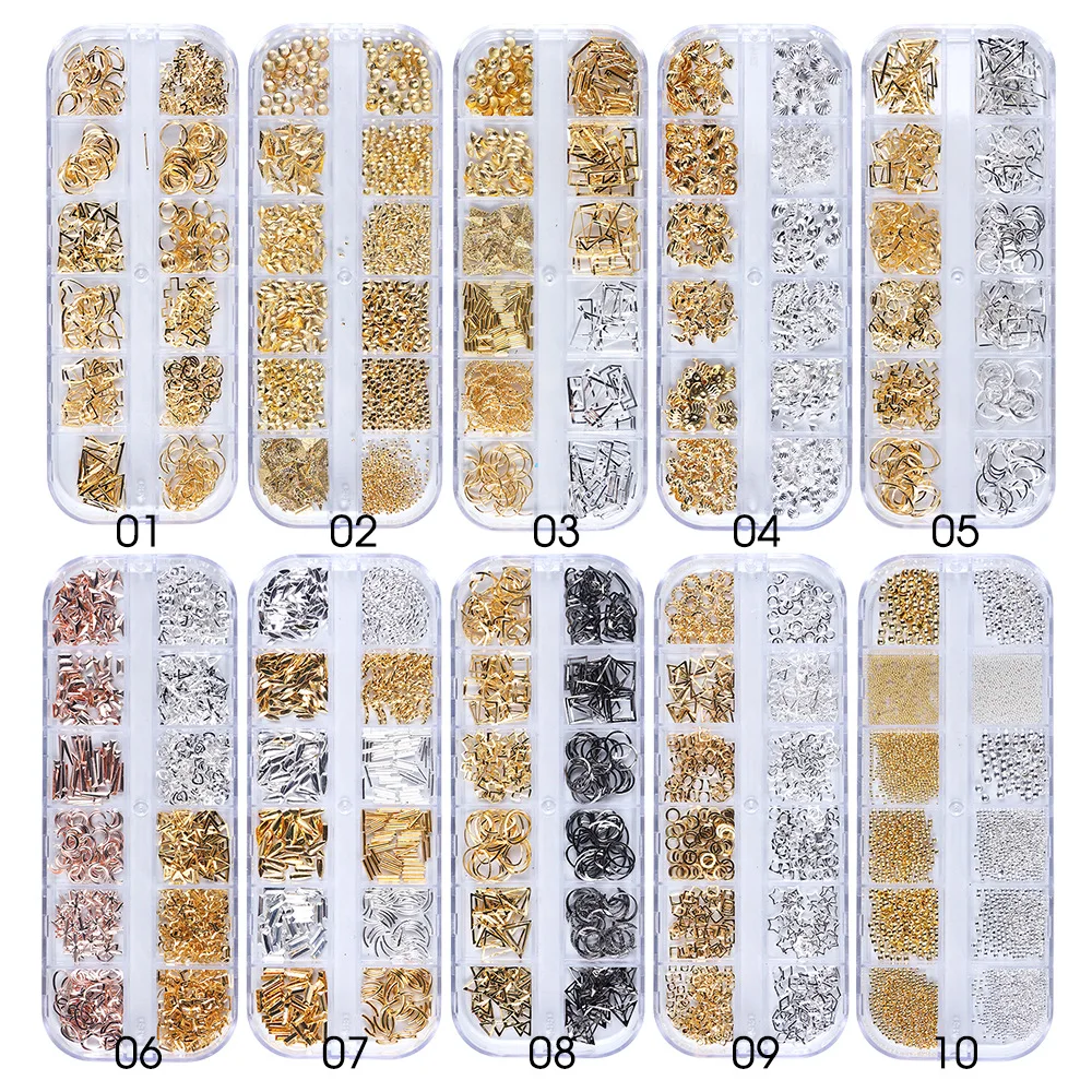 Yuxi 12 Grids Metal Rivet Nail Art Decoration Studs Mix Style Stars Moon Gold Silver Strass Jewelry DIY 3D Charms Accessories