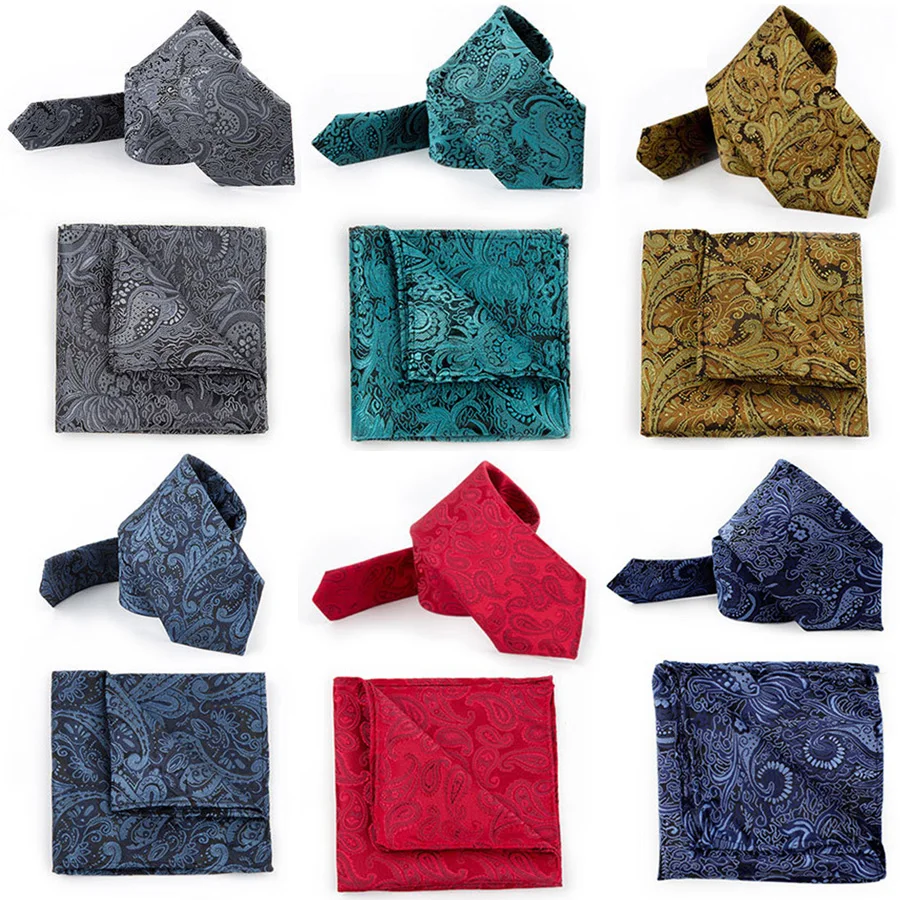 Men Polyester Ties 3inch with Pocket Square Set Fashion Mens Necktie Corbatas Neckwear Wedding Business Jacquard Gravatas