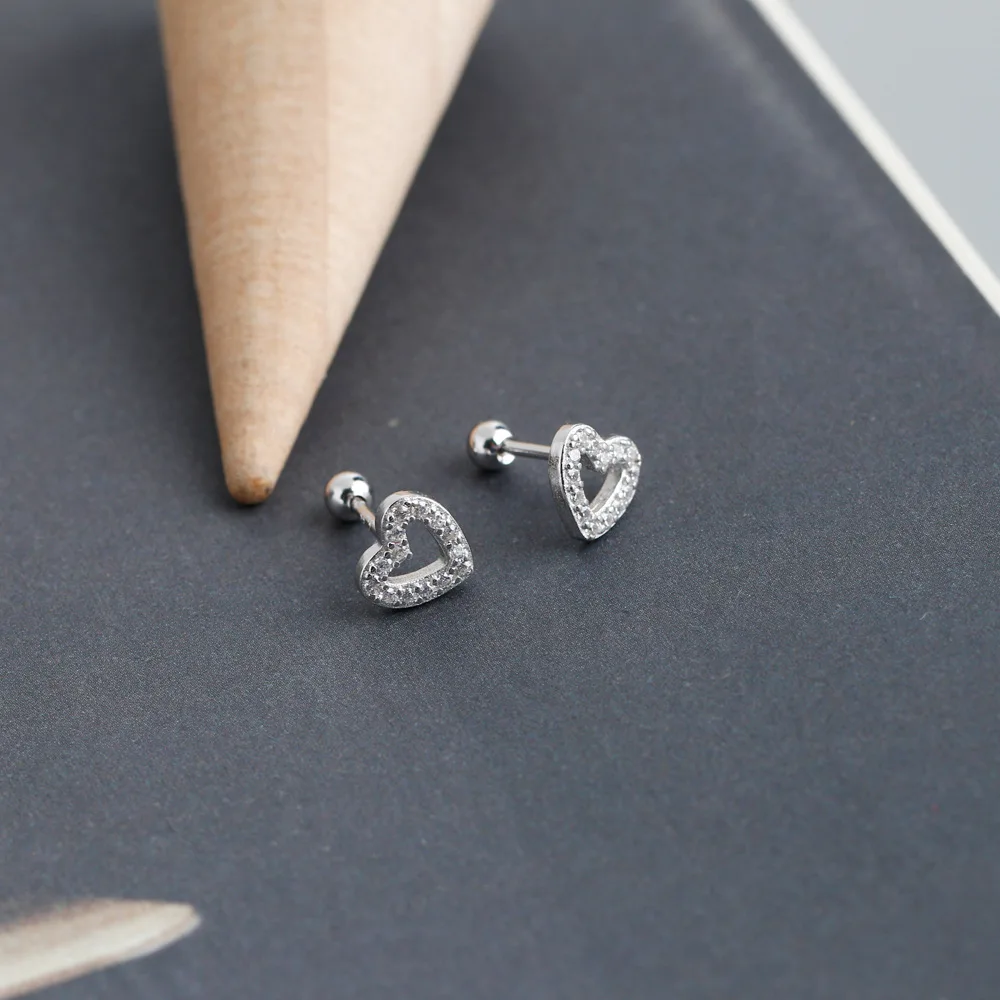 Cute Heart Love Stud Screw Earrings Gold Pated 925 Sterling Silver Hollow Out Zircon Heart Stud Earrings