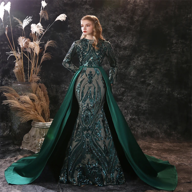 Green Embrodery Lace A-line Skirt Designer Long Sleeves Women  Evening Dresses