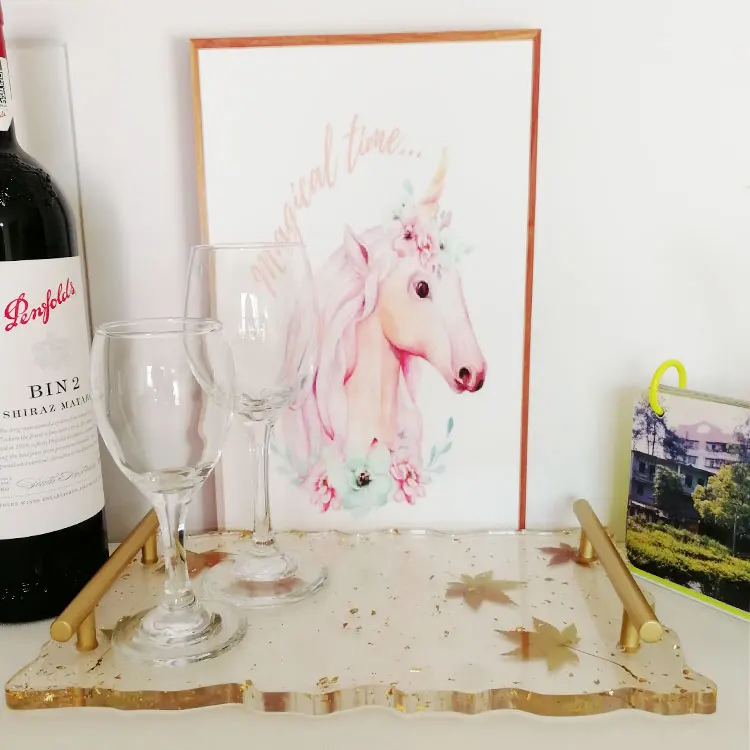 
OEM handmade delicate gold foil tray with dried maple leaf decoration and handle 