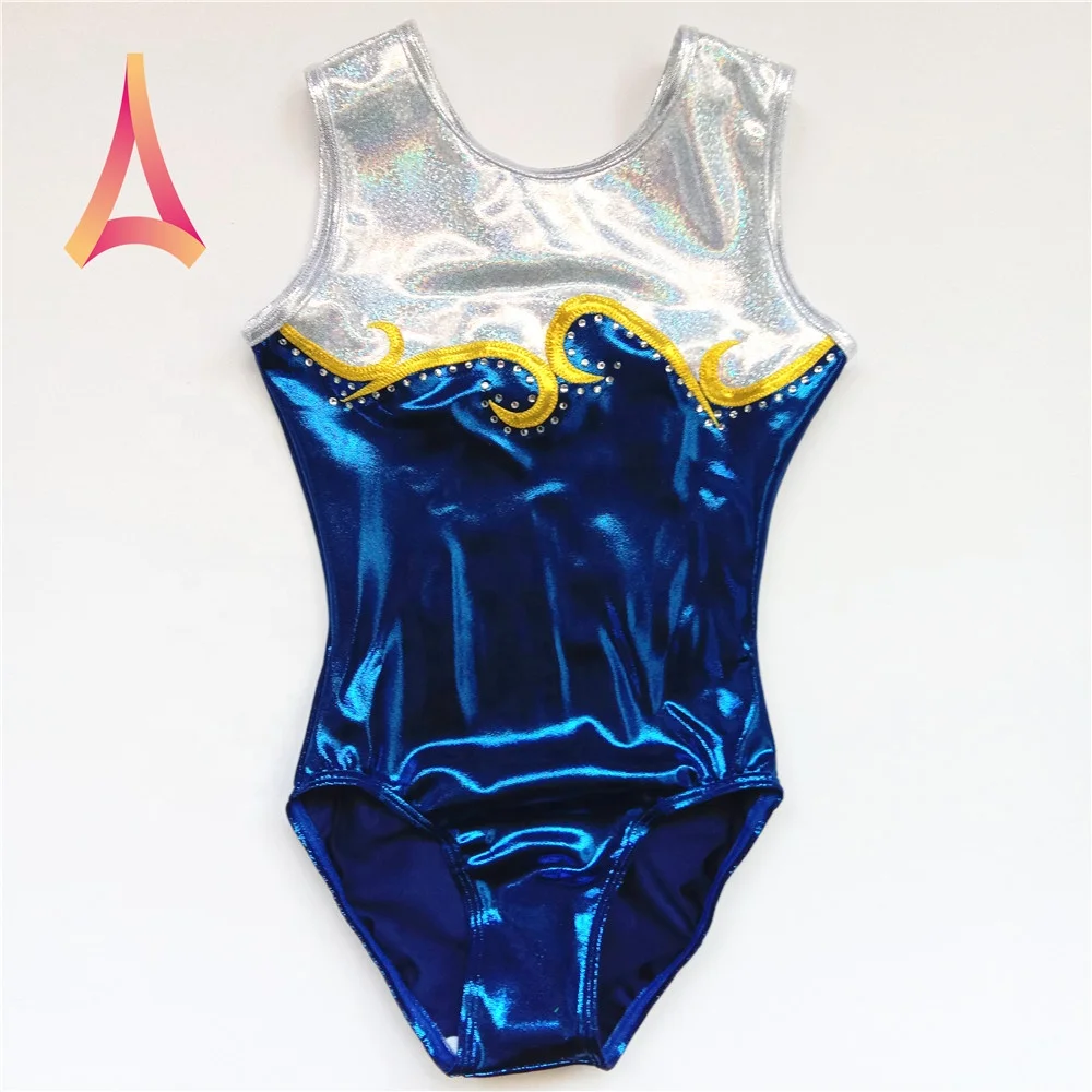 Оптовая продажа, слитное боди из спандекса, синее гимнастическое трико без рукавов для девочек, распродажа